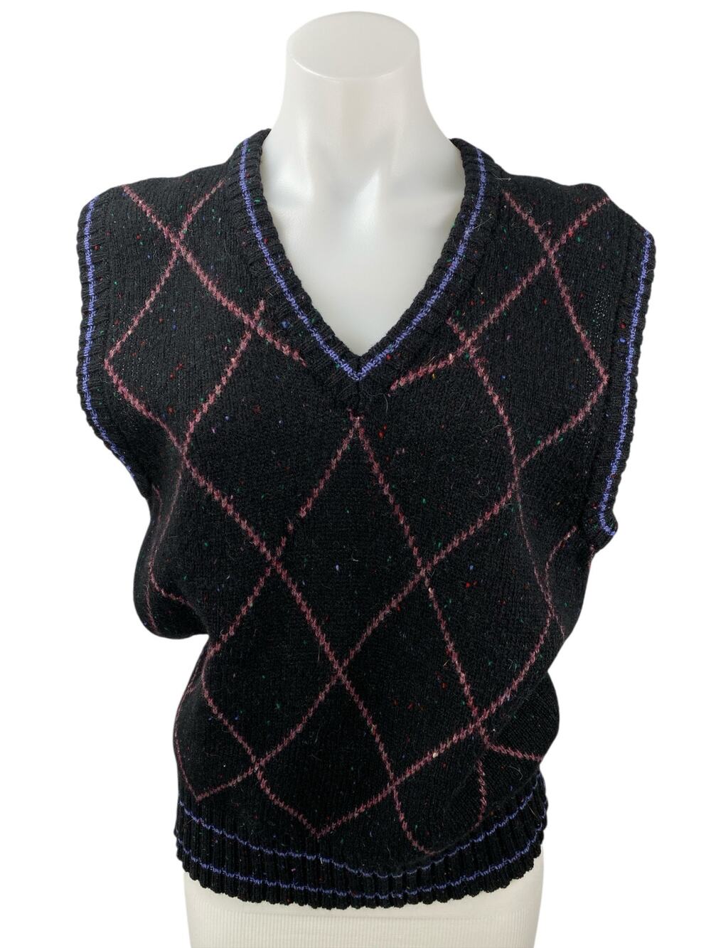 Colours 100% Wool Women's Black Argyle Sleeveless V Neck Sweater Vest Top Size M